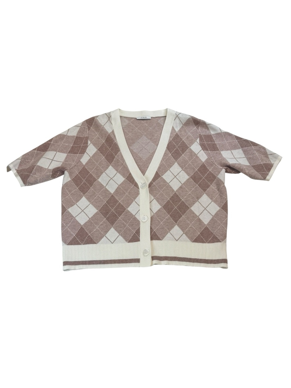 Sioni Argyle Knit Cardigan Sweater Short Sleeve Cream & Beige Size Large Preppy
